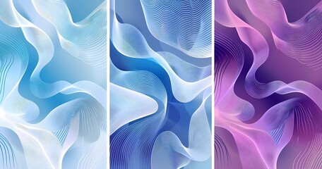 Wall Mural - set of three vector background illustrations with wavy lines in blue and purple tones in the style of various artists.