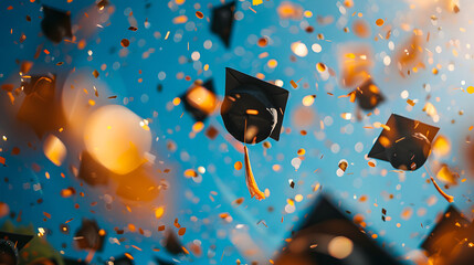 Graduation caps thrown in the air with confetti flying against a bright blue sky, celebrating academic achievement and commencement day.
