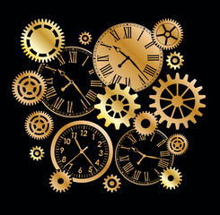 Golg metal clocks and gears and mechanisms on black background