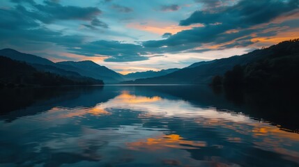 Wall Mural - A breathtaking photo of a serene lake reflecting a colorful sunset, with majestic mountains and stratified clouds adding depth to the tranquil scene.