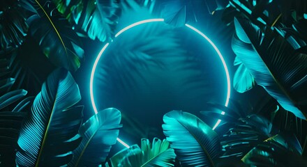 Poster - Green neon frame with a fluorescent circle, in tropical leaves. Seamless cyclic background overlay of virtual video animation in 4k format.