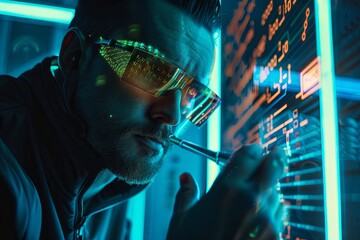 Poster - A spy in special glasses hacks a network, their eyes reflecting code. Generative AI
