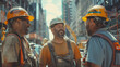 © khonkangrua - Three construction workers in hard hats and safety gear share a laugh at a busy urban construction site.