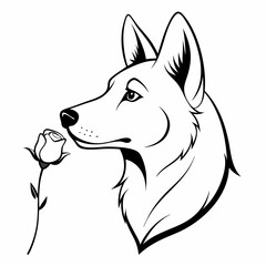 Wall Mural - German shepherd smells a white rose flower  vector