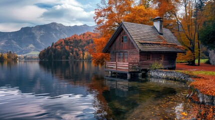 Cozy wooden cottage by the lake in the fall woods. Cozy autumn season concept 