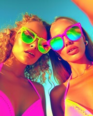 Two individuals wearing colorful swimwear standing close together under a clear blue sky, showcasing vibrant and summery fashion at the beach.