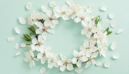 Spring floral background, pattern and wallpaper. Flat-lay of white almond blossom flowers wreath over light mint background, top view, copy space. Womens holiday greeting card or wedding invitation