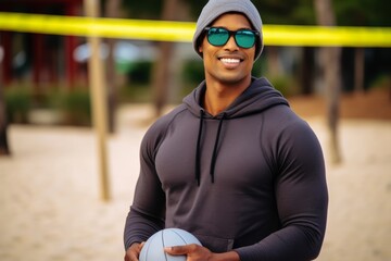 male portrait of man who playing beach volleyball outdoors. lifestyle sports photography with people. multiracial person wear sunglasses with ball.