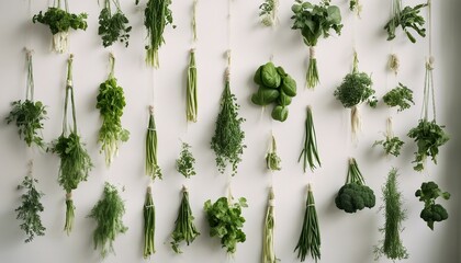 Wall Mural - A white wall with hanging herbs and vegetables of various colors and shapes creating a visually appealing display.