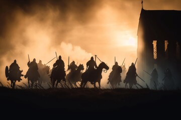 Medieval battle scene with cavalry and infantry. Silhouettes of figures as separate objects, fight between warriors on sunset foggy background