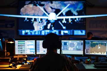 An operator in a control room monitors a drone strike with a headset on, focused on the task. Generative AI