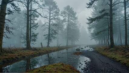 Wall Mural - Foggy Forest Path.