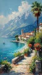 Vertical, Sea fairy-tale landscape with ships, sea and mountains painted with oil paints, marine tourism, marine wallpapers