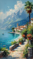 Wall Mural - Vertical, Sea fairy-tale landscape with ships, sea and mountains painted with oil paints, marine tourism, marine wallpapers