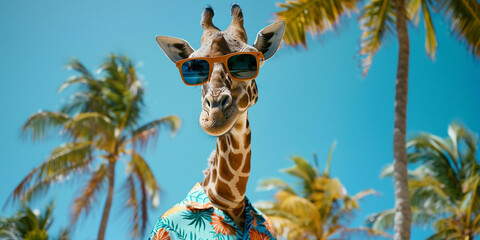 A giraffe wearing sunglasses and a Hawaiian shirt posing for the camera on an exotic beach with palm trees