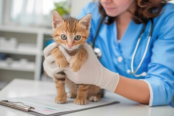 Sticker - Veterinarian examining cat Veterinarian examining a kitten in animal hospital