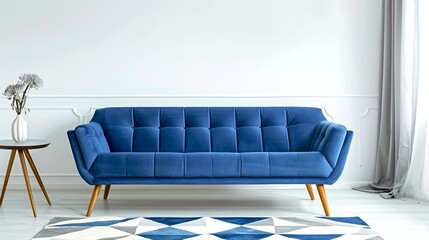 Aufkleber - Modern blue sofa in a minimalist living room with geometric rug and side table. Stylish mid-century furniture. Perfect for home decor or interior design concepts. Natural light streams in. AI