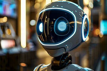 Poster - A close-up photo of a robots head with glowing blue eyes. The robot is sleek, white, and has a friendly appearance. Generative AI