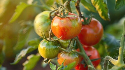 Tomatoes in the vegetable garden turn red and green as they mature