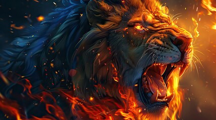 Wall Mural - roaring mighty fantasy lion with flames and glowing lights