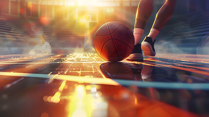 A basketball on a sunlit outdoor court, capturing the energy and passion of the game with a warm, golden glow illuminating the scene