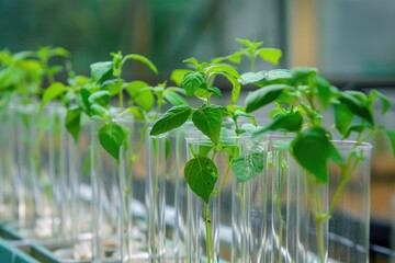 Poster - Rows of young green plant sprouts growing in laboratory test tubes with controlled conditions