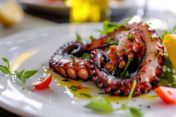 Canvas Print - Gourmet octopus dish artfully presented on a plate with herbs and sauces at a fine dining establishment