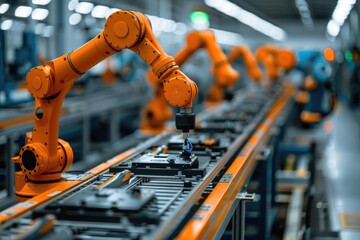 Fototapete - Advanced yellow robotic arm performing tasks on an assembly line in a modern industrial setting