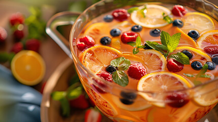 A festive fruit punch bowl filled with a mix of citrus slices, berries, and herbs, ready for a summer party or gathering