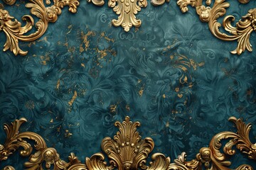 Poster - Teal Velvet Background: A lavish teal velvet background with gold baroque stucco designs