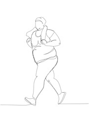 Wall Mural - Overweight woman doing sports, running one line art. Continuous line drawing of body positive, overweight, plus size model, XL, health, fashion, self acceptance.