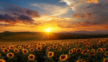 Wall Mural - Beautiful sunset over big golden sunflower field in the countryside