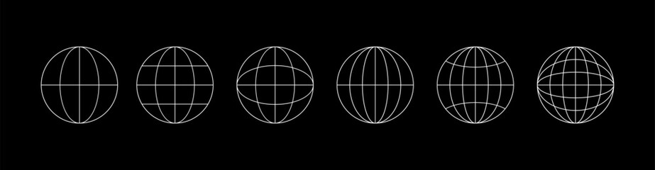 world globe grids in circle form. linear striped spheres, earth latitude and longitude line grid. re
