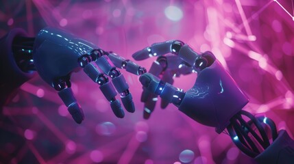 Wall Mural - Two robotic hands are touching each other in a purple background