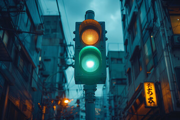 Wall Mural - A traffic light shows green and yellow, set against an urban backdrop with buildings and power lines. The scene has a cool, moody atmosphere at dusk