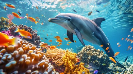 Poster - A dolphin swimming near a coral reef, surrounded by colorful fish and vibrant underwater scenery.