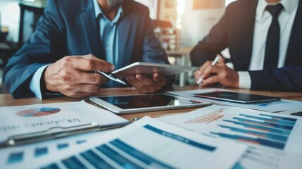 Poster - A financial advisor discussing investment strategies with a client using a tablet and graphs.