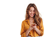 © MobiWall - Portrait of a happy woman using mobile phone isolated over PNG transparent background