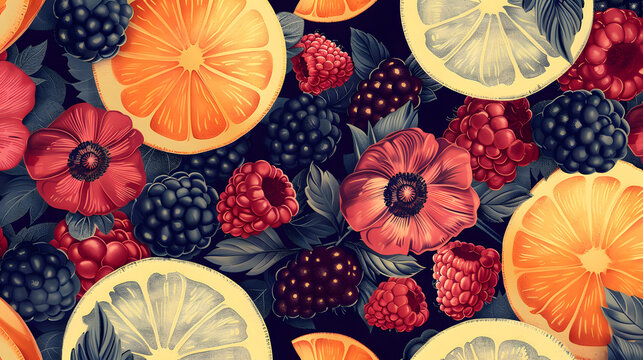 blackberries and raspberries and poppies and orange slices and lemon slices and grapefruit slices