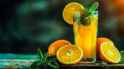 Aufkleber - A glass of freshly squeezed orange juice with sliced oranges and mint leaves on a breakfast table.