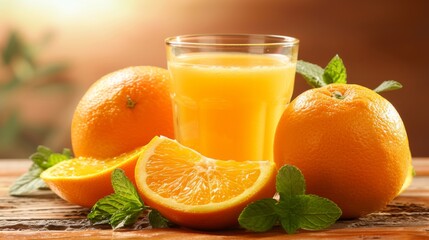 Aufkleber - A glass of freshly squeezed orange juice with sliced oranges and mint leaves on a breakfast table.
