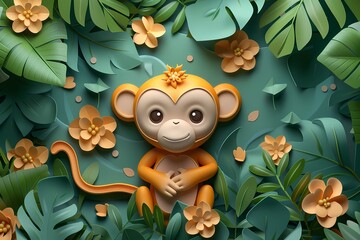 Wall Mural - Adorable and cute 3D monkey illustration