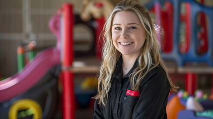 Happy Young Woman Working at a Children's Play Center.