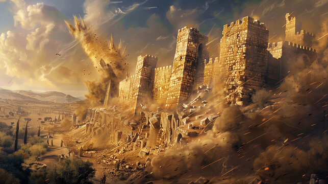 Destruction of Jericho. The scene showcases the crumbling walls of a medieval castle-like fort amidst a cloud of dust and debris, illustrating the historical moment with intense realism.