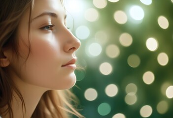 Wall Mural - A young Caucasian woman with long brown hair, eyes closed, face in profile against a blurred green and white background with sparkling lights