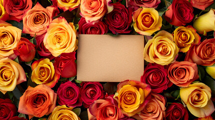 Wall Mural - bouquet of roses, with a card, on the ground, top view, white background