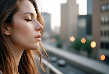 Wall Mural - A young Caucasian woman with long brown hair, eyes closed, face in profile against a blurred urban cityscape