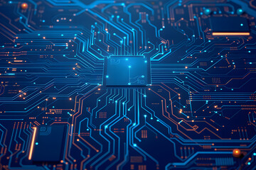 Sticker - Abstract AI circuit board background. Technology connected blue lines with electronics elements on tech bg. Computer motherboard with a chip, processor, and semiconductor. Digital vector illustration
