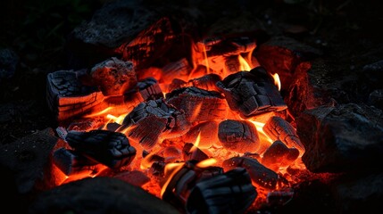 Poster - Amidst the darkness, the flaming coals cast an enchanting glow, illuminating the night with their warm and radiant hues.