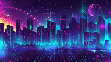 Canvas Print - Retro Futuristic Cityscape with Neon Lights.